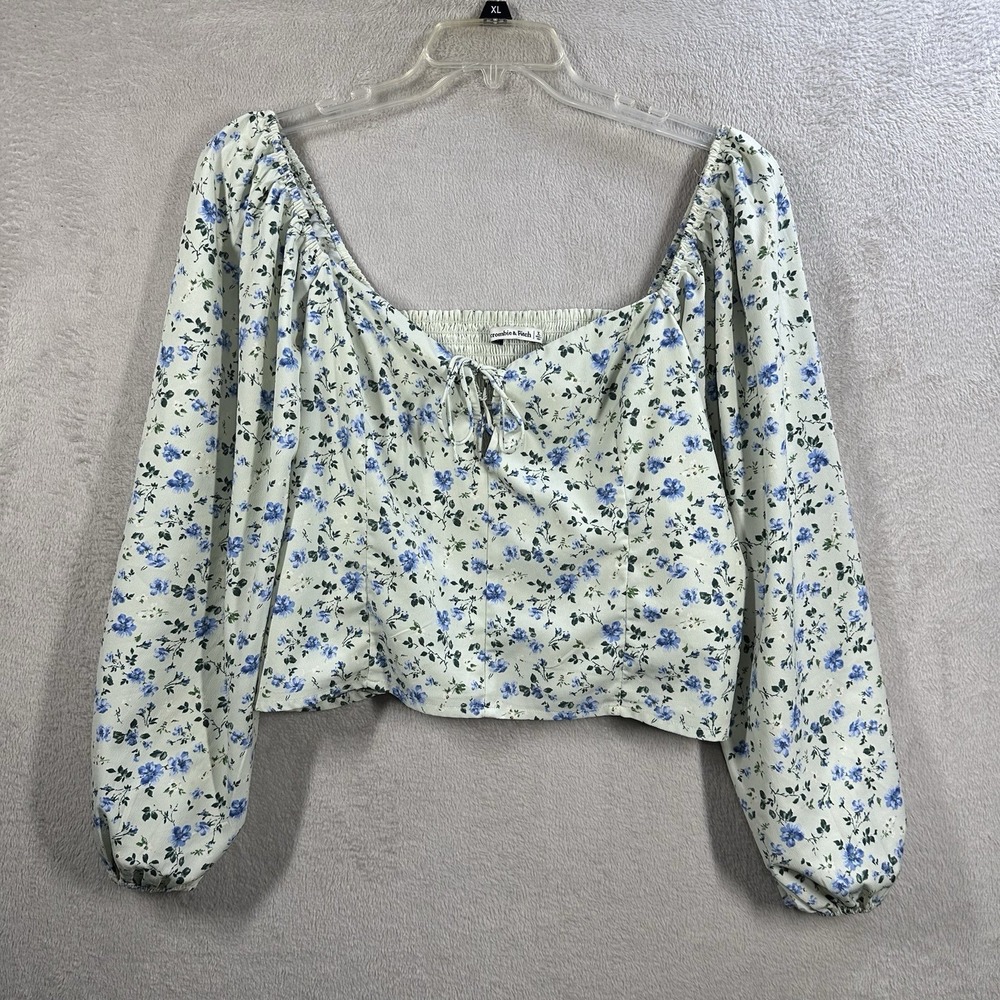 Abercrombie‎ & Fitch Floral Puff Sleeve Smocked Crop Top Lace-Up Sz XL Festival